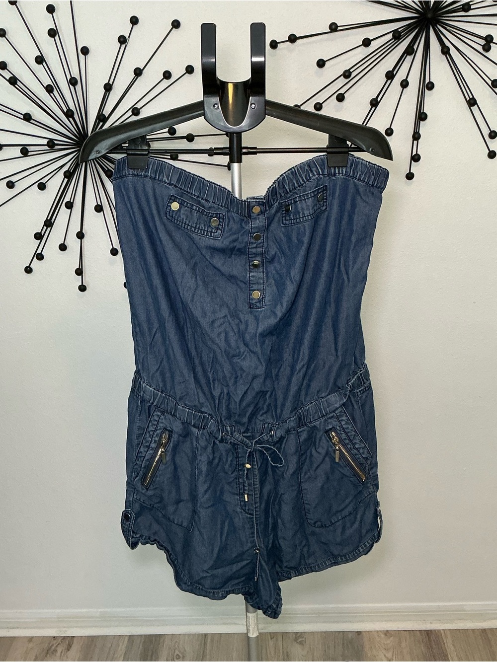 Cache Strapless Chambray Romper XL Blue Utility Romper